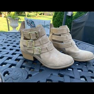 Faux Swede low heel booties! Cutout sides!